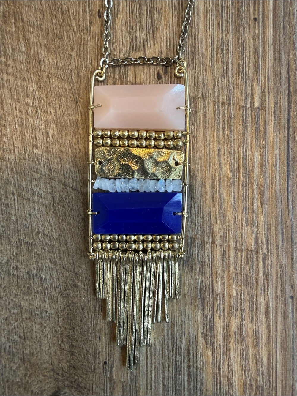Noonday Collection Gold Fringe Peach and Navy Gemstone Pendant Necklace - Picture 2 of 7